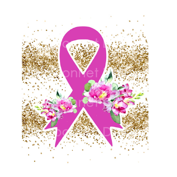Breast cancer floral gold glitter ribbon